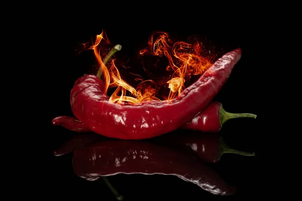 Burning hot pepper isolated on black glass — Stock Photo, Image