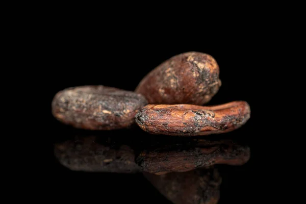Fekete üvegen izolált barna kakaóbab — Stock Fotó
