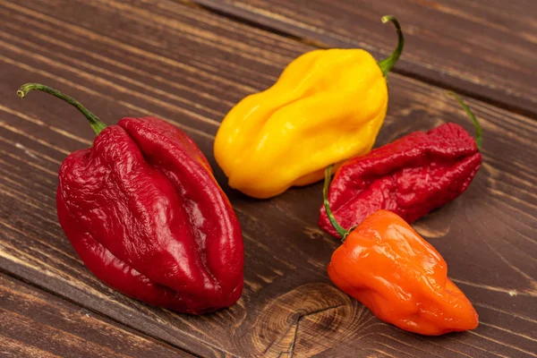 Hot chili pepper on brown wood — Stock Photo, Image