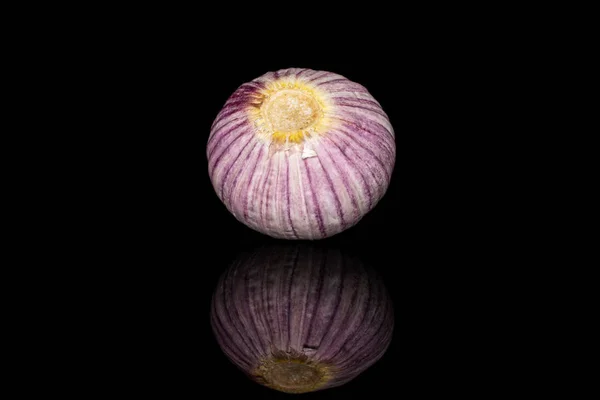 Single clove garlic isolated on black glass — Stockfoto