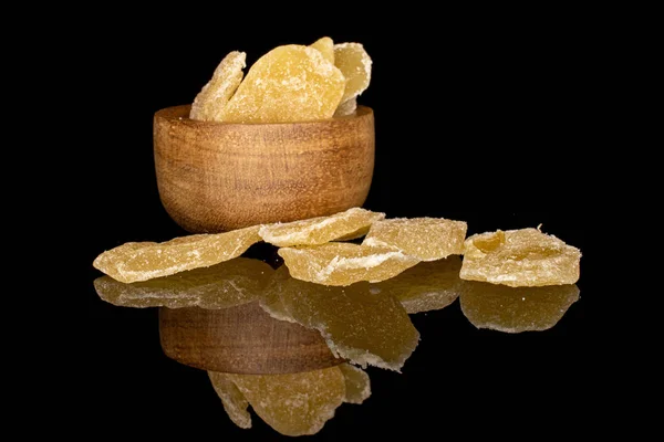 Lot Slices Dried Yellow Pineapple Bamboo Bowl Isolated Black Glass — Stock Photo, Image