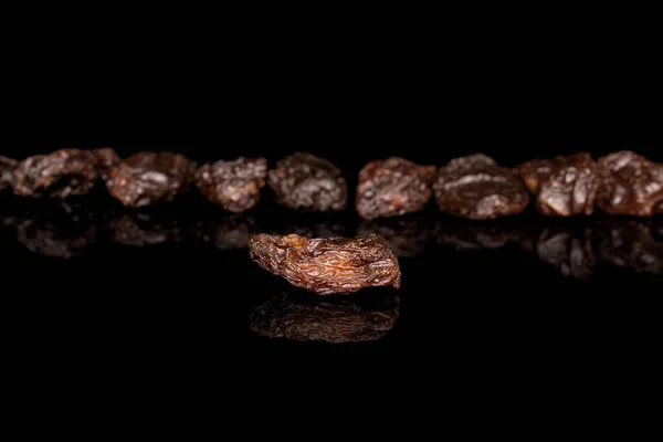 Group Nine Whole Dried Dark Raisin One Front Isolated Black — Stock Photo, Image