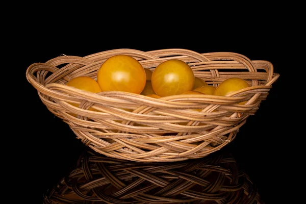 Lot Whole Fresh Yellow Tomato Rattan Bowl Isolated Black Glass — Stock Photo, Image