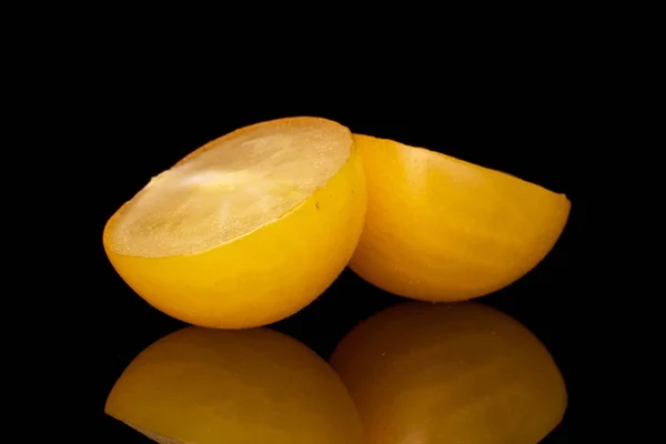 Group Two Halves Fresh Yellow Tomato Isolated Black Glass — Stock Photo, Image