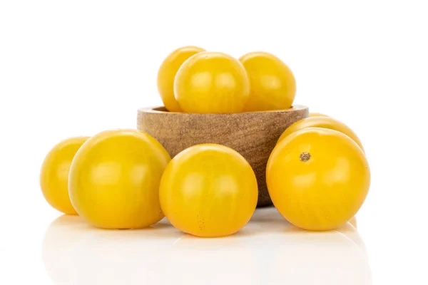 Lot Whole Fresh Yellow Tomato Bamboo Bowl Isolated White Background — Stock Photo, Image