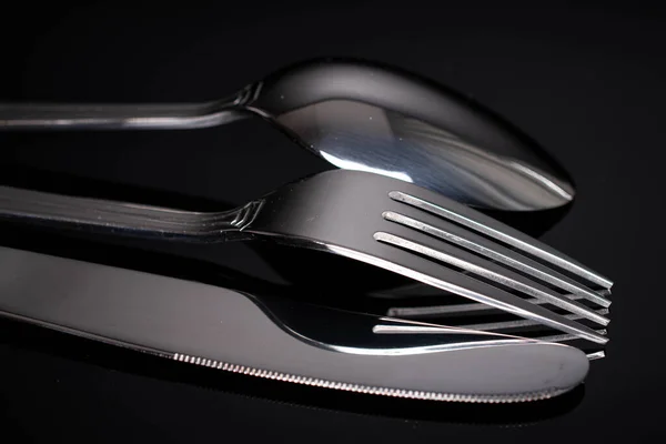 Steel Knife Spoon Fork Isolated Black Glass — Stock Photo, Image