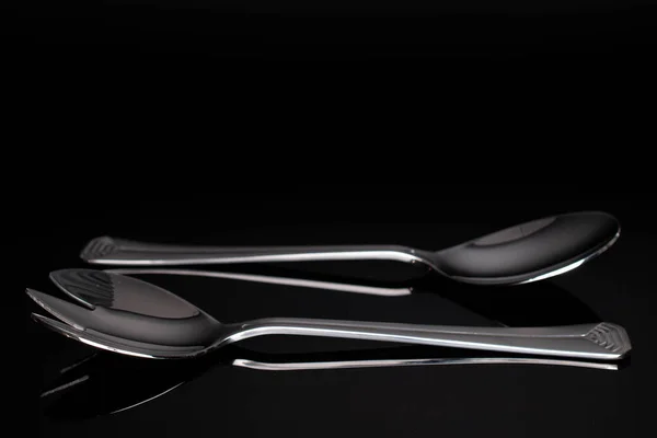 Group Two Whole Steel Silver Spoon Isolated Black Glass — Stock Photo, Image