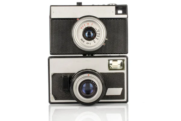 Группа Двух Винтажных Серебряных Фотоаппаратов Белом Фоне — стоковое фото