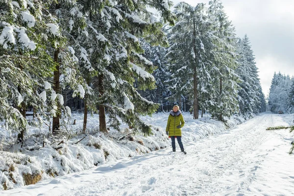 A young woman is walking through the winter forest — Stock Photo, Image