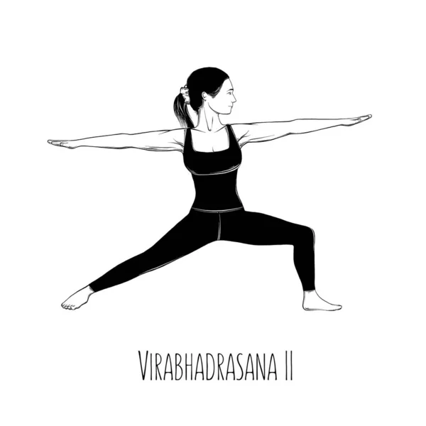 Ilustración vectorial yoga pose Virabhadrasana II. Chica hace ejercicios de yoga - vector — Archivo Imágenes Vectoriales