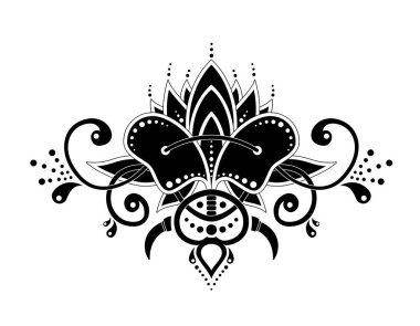 Kına çizimi için Mehndi organik motif deseni ve beyaz arka planda izole edilmiş dövme. Etnik oryantal Hint tarzında dekorasyon. Dövme posterleri dekorasyonu ve baskısı için resim çiziyorum. Vektör illüstrasyonu