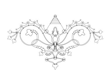 Uzay gemisi ya da kuşa benzer ipliklerle bağlanmış bir düğmenin vektör süsü. Beyaz arka planda izole edilmiş. Dövme, poster, çanta ve giysi için süsleme - Vektör illüstrasyon