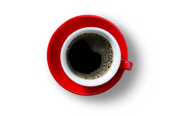 Tasse rouge de café noir vue de dessus isolé sur un fond blanc. Fichier contient avec chemin de coupure — Photo