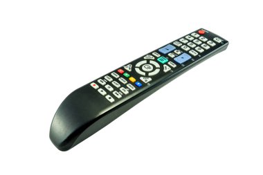 İzole edilmiş beyaz arka planda televizyonun siyah uzaktan kumandası. Kullanımı çok kolay kırpma yolu ile dosya içerir.