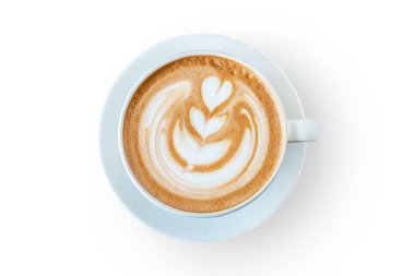 Üst Manzara. Beyaz arka planda izole edilmiş beyaz fincan moka kahvesi. Dosya kırpma yolu ile içeriyor Çalışması çok kolay.