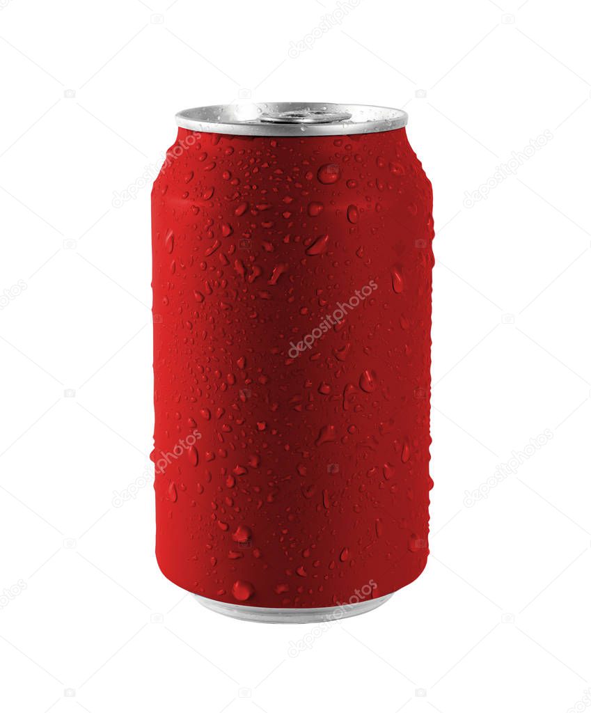Aluminum red can on a white background, Water drop on can. File contains with clipping path so easy to work.