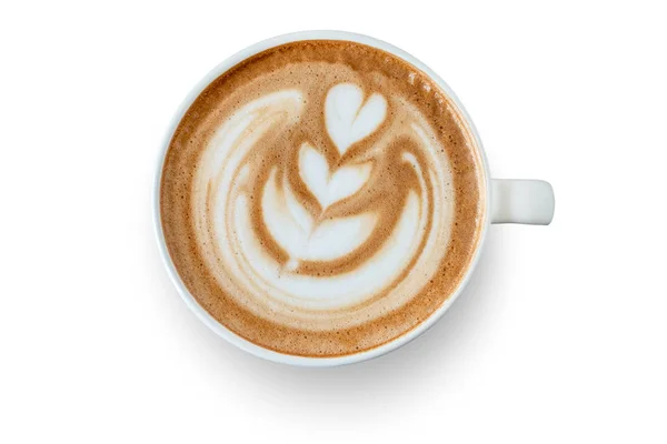 Draufsicht, weiße Tasse Latte-Kaffee isoliert auf weißem Hintergrund. Datei enthält mit Clipping-Pfad So einfach zu arbeiten. — Stockfoto