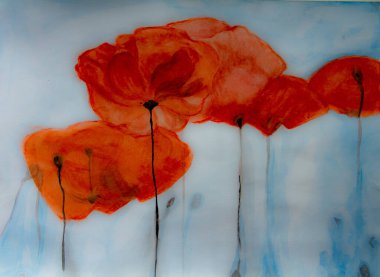 suluboya ile boyanmış mavi arka planda kırmızı gelincikler.