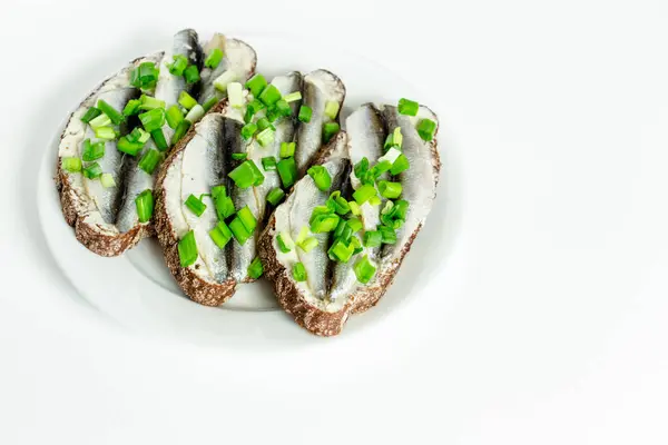 Three Delicious Sandwiches Rye Bread Butter Small Sardines Green Onions — Stock Photo, Image
