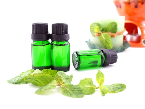 Peppermint Aroma Oil Close White Background Spa Concept — Stock Photo, Image