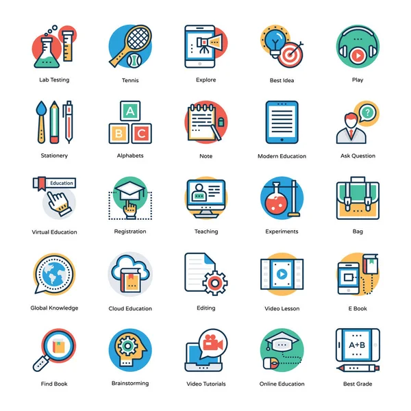 Conjunto de Iconos de Educación Plana y Línea — Vector de stock