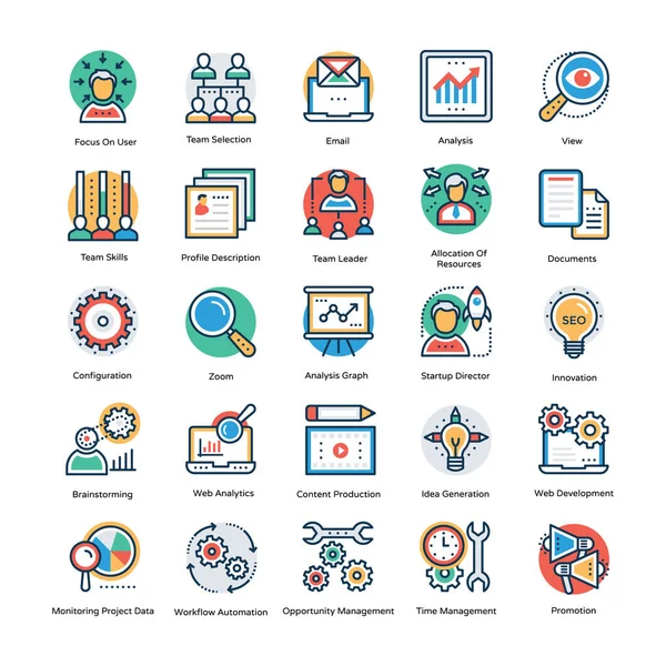 Iconos de gestión de proyectos Iconos planos — Vector de stock