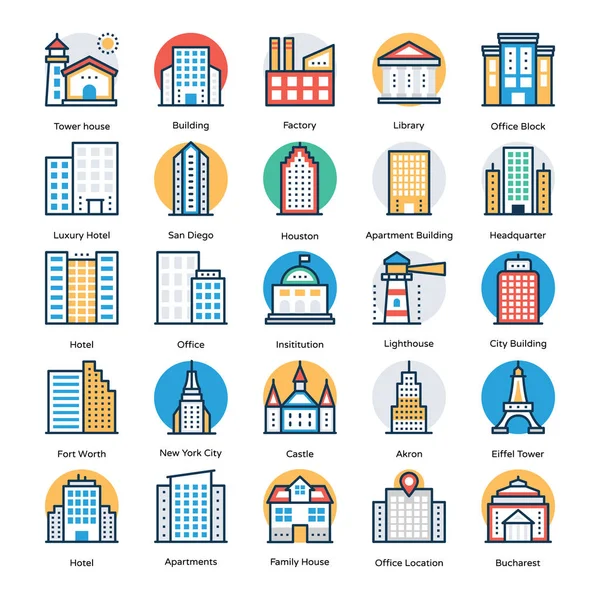 Edificios vector iconos conjunto — Vector de stock