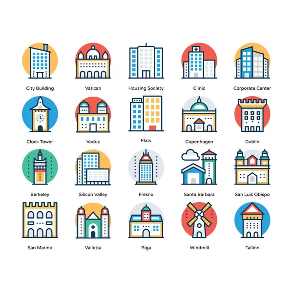 Conjunto de edificios Iconos planos — Vector de stock