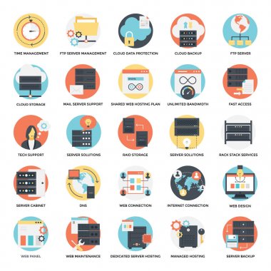  Web Hosting düz Icons Set