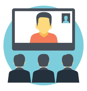 Düz simgesi tasarım bir monitör, ders ve temsil eden online konferans dinleme insanlar kişisel