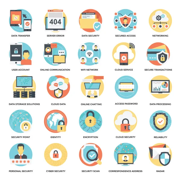 Tecnología Internet Seguridad Flat Vector Iconos — Vector de stock