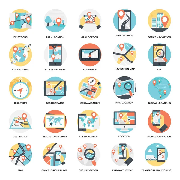 Iconos Planos Creativos Proyección Mapas Navegaciones — Vector de stock