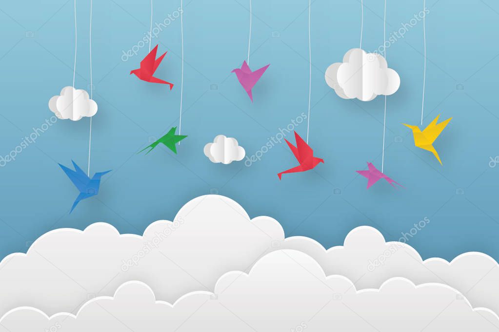 White clouds and colourful origami birds flying around illustration