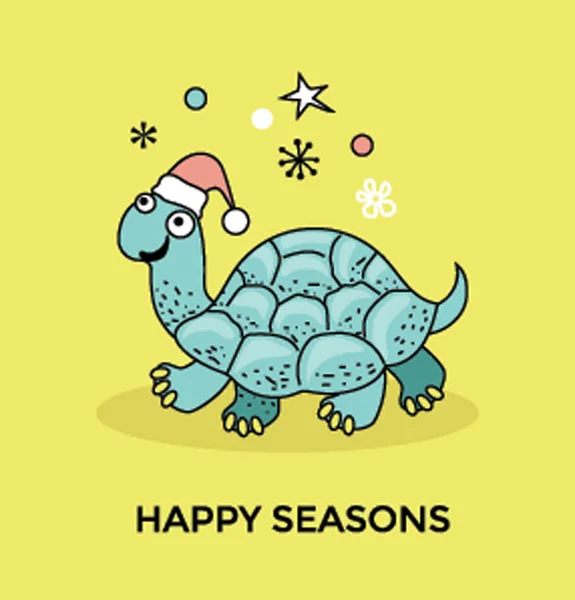 Dessin Animé Tortue Mignonne Drôle Portant Chapeau Père Noël Avec — Image vectorielle