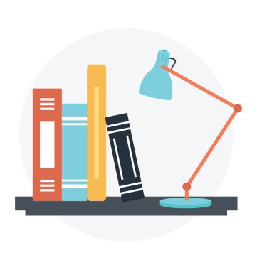 Kitap ve lamba simgesi ile düz stil çalışma masası