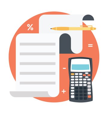 Belge, kalem ve hesap makinesi düz simgesi. Denetim, hesaplama kavramı 