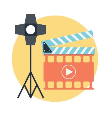 Spotlight ve Klaket ile sinema kavramı. Düz vektör simgeler 