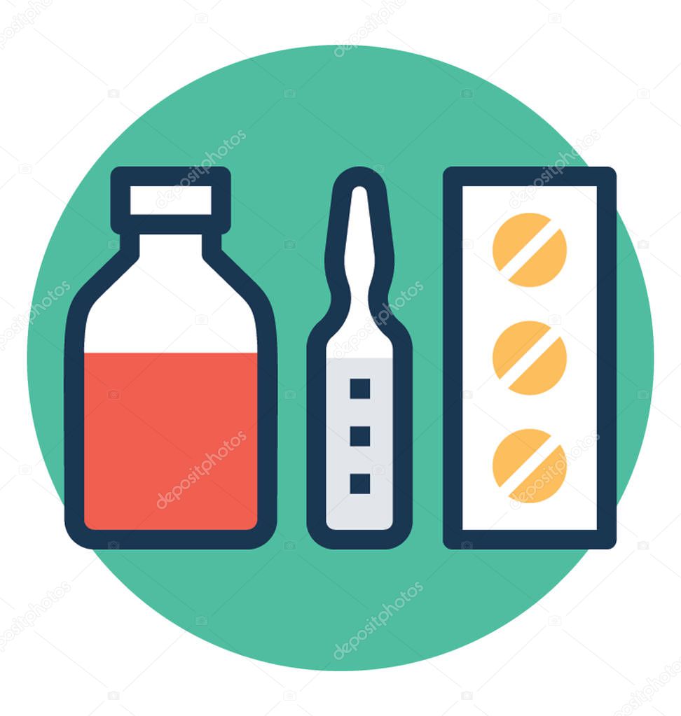 Flat icon design of medication, pills, vial and syrup bottle