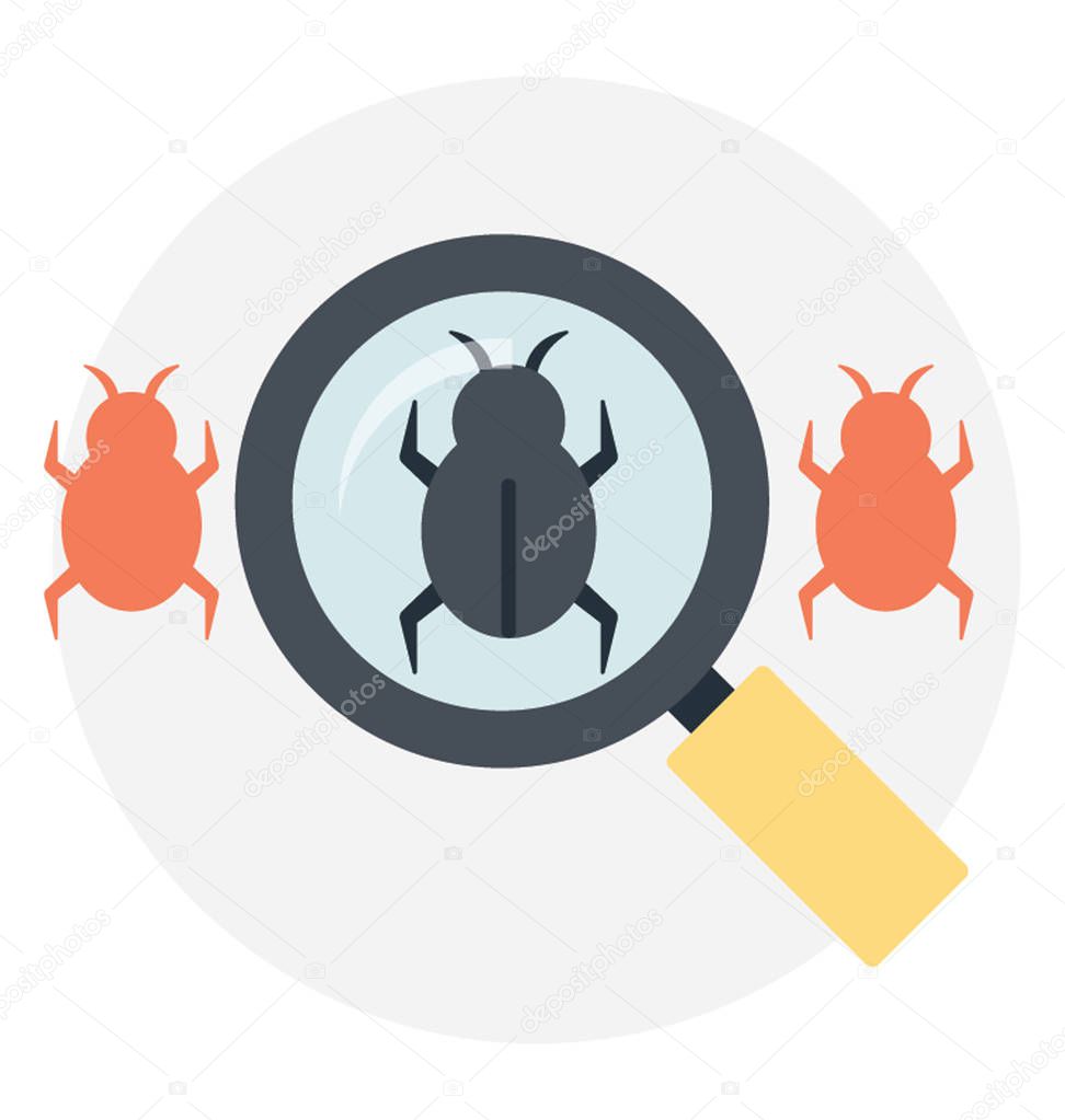 Flat icon design of magnifier with bugs, virus scanning concept