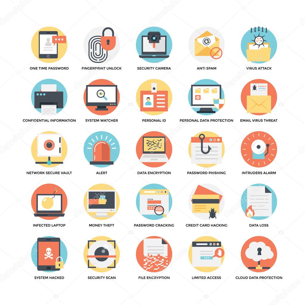Security and Protection Flat Vector Icons Set