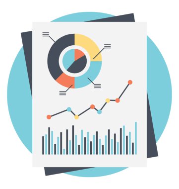Bir mali araştırma belge dairesel diyagramı, çizgi grafik ve çubuk grafik, düz simgesi