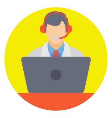 Kulaklık mikrofon ve dizüstü bilgisayar, düz simgesi ile çalışan çağrı merkezi ofis operatör