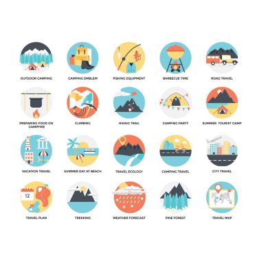 Açık, seyahat ve kamp düz Icon Set