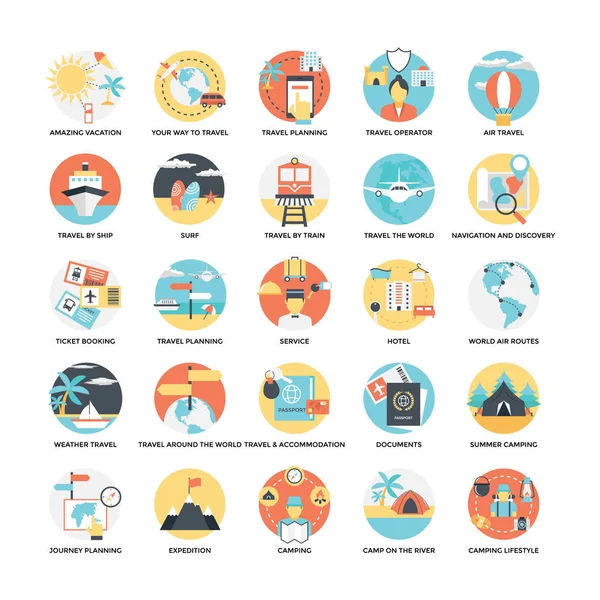 Platte Icon Set Van Outdoor Reizen Kamperen — Stockvector