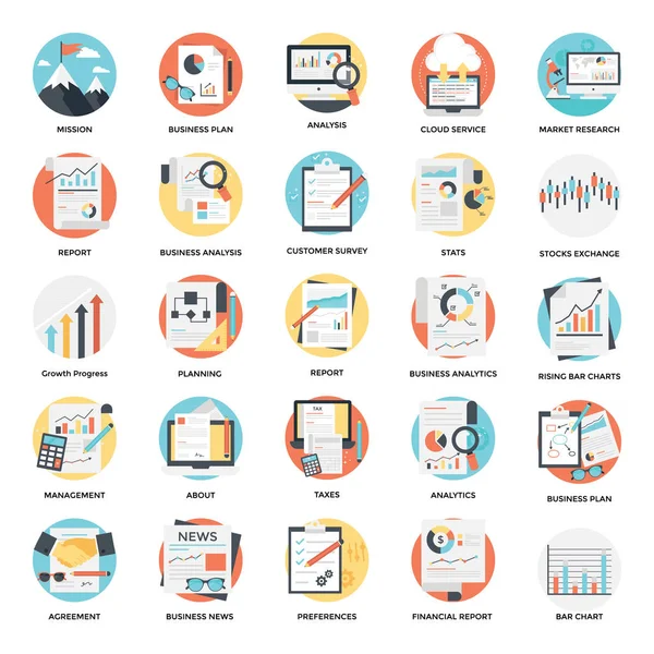 Analyse Entreprise Rapports Icônes Vectorielles Plates — Image vectorielle