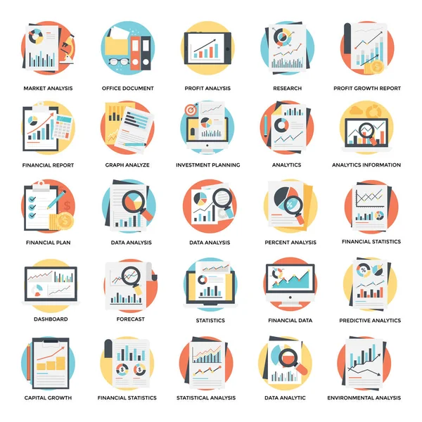 Conjunto Iconos Planos Monitoreo Financiero Análisis Gráfico — Vector de stock