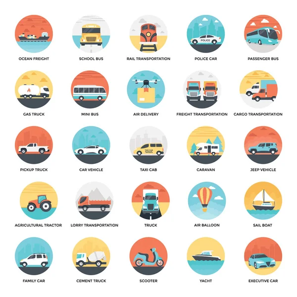 Conjunto Iconos Planos Color Transporte — Vector de stock