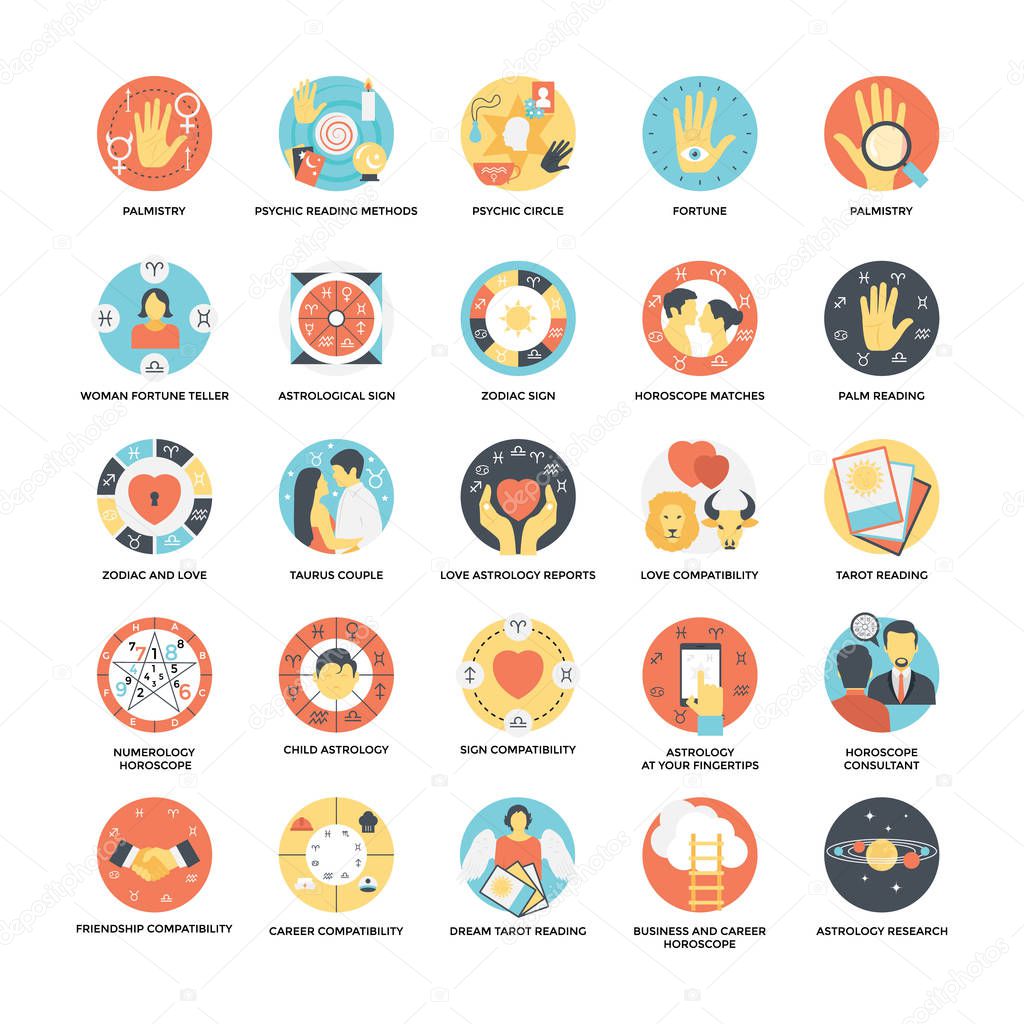 Flat Icon Set of Astrological, Numerological and Palmistry Symbols