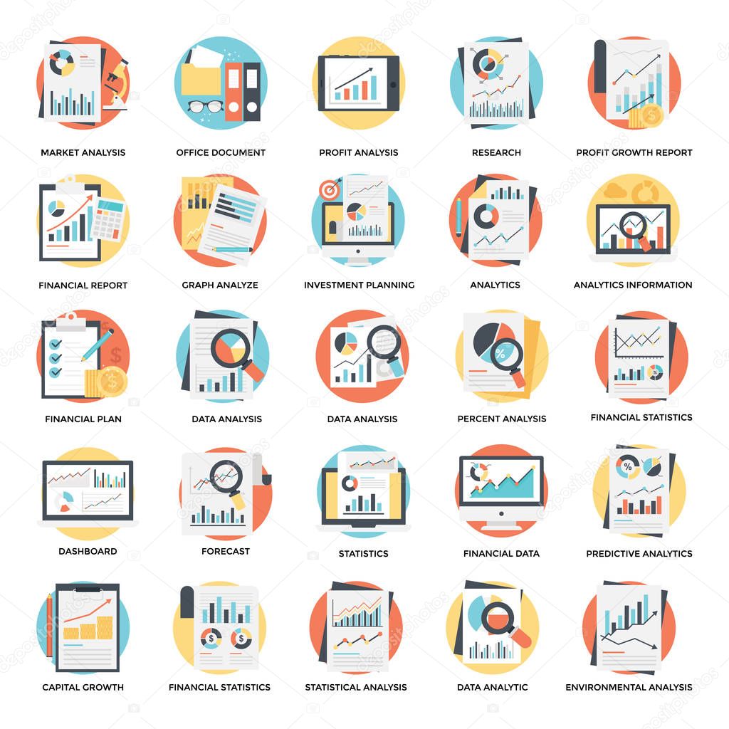 Financial Monitoring and Graphical Analysis Flat Icons Set