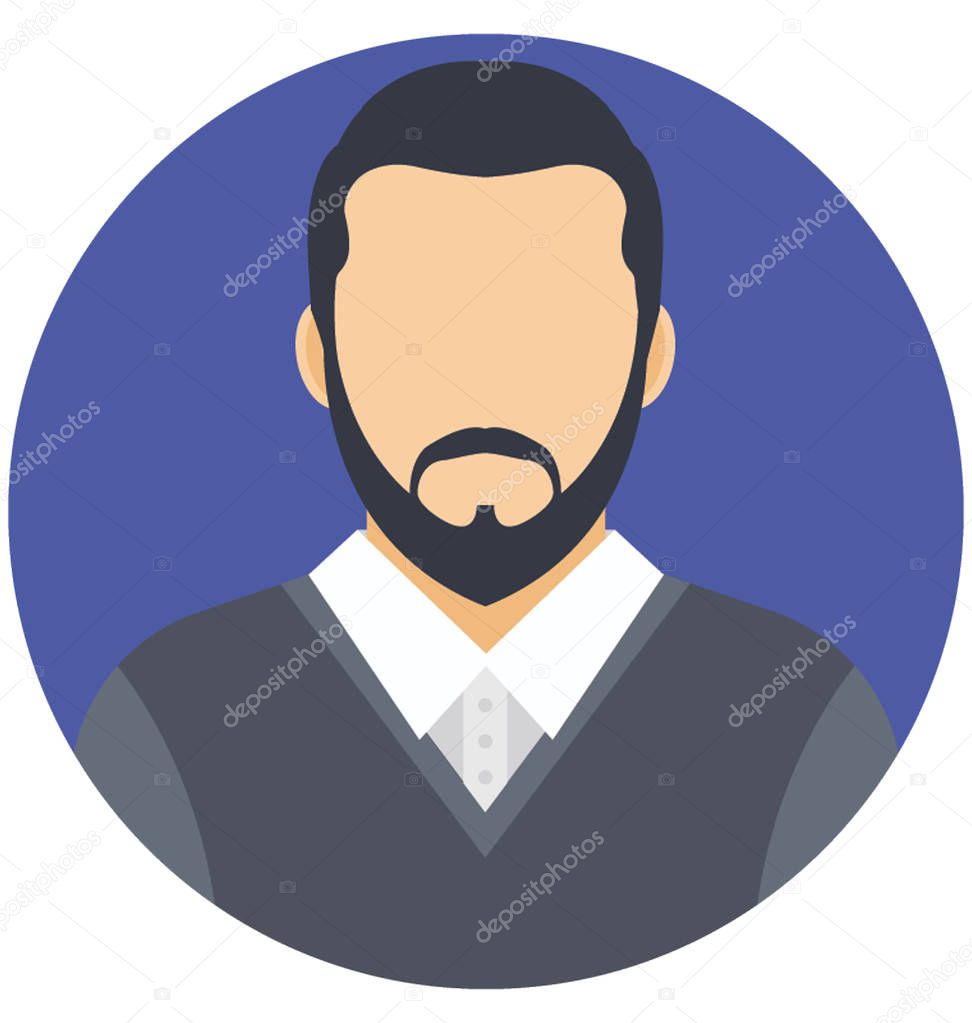 Advocate person representation via human avatar in dark color outfit with small beard
